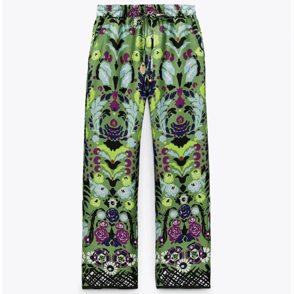 NEW Zara Satin Effect Floral Wide-Leg Pyjama Style Pants in Green, Size XS - Picture 10 of 16